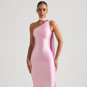 Oh Polly Asymmetric Scarf-Detail Maxi Dress in Soft Pink 2